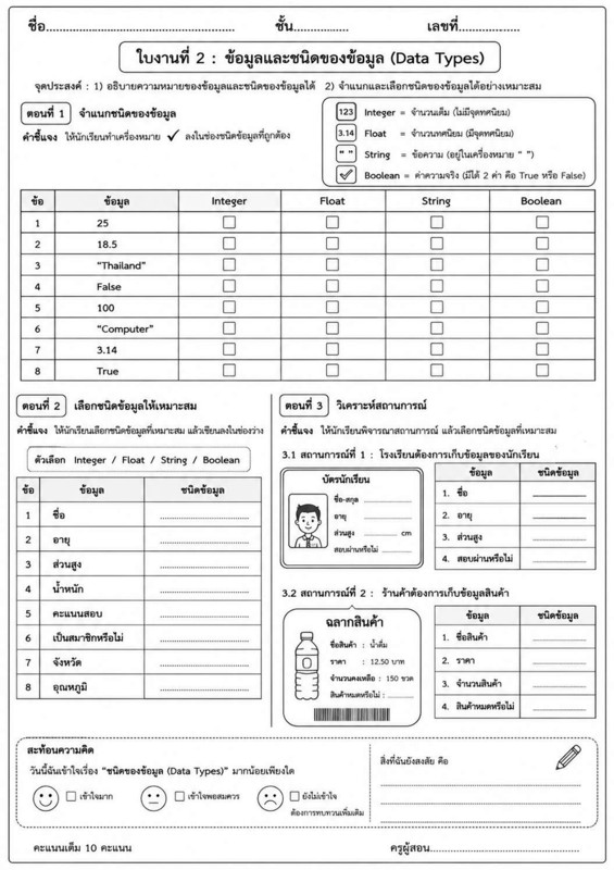 ใบงานวิทยาการคำนวณ ม.1 เรื่อง ข้อมูลและชนิดของข้อมูล (Data Types)