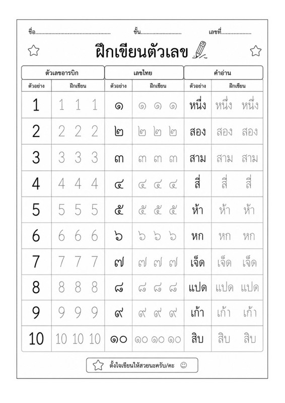 ใบงานคณิตศาสตร์ ป.1 ฝึกเขียนตัวเลข เลขไทย และคำอ่าน 1-10