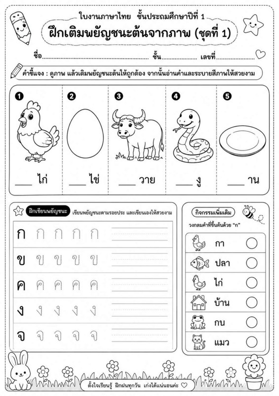 ใบงานภาษาไทย ป.1 ฝึกเติมพยัญชนะต้นจากภาพ